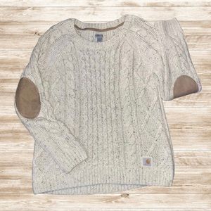 Carhartt Cream Cable Knit Sweater with Tan Elbow Patches